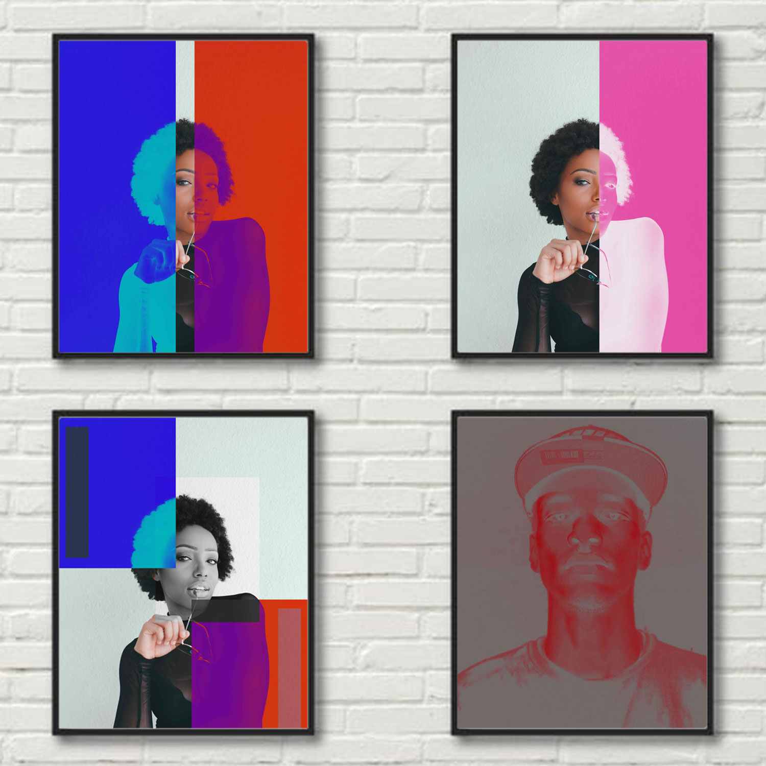 Photoshop duotones image gradient map woman blue red colors man pink colors framed 